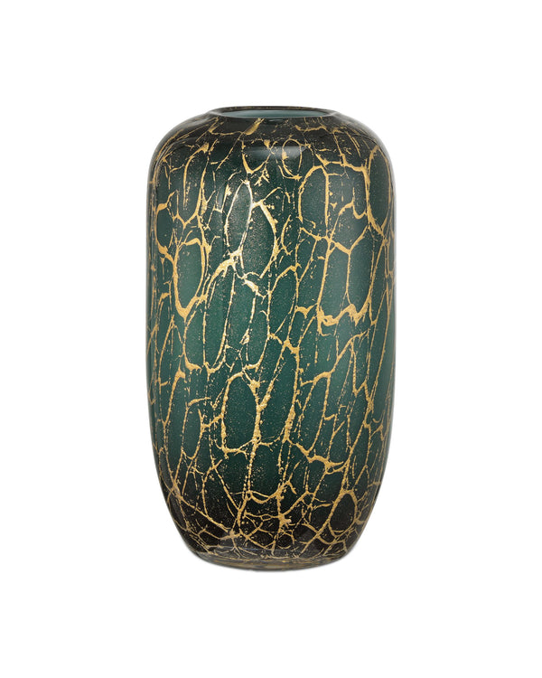 Currey & Company Vitry Mouthblown Venetian Glass Vase with Hand Applied Gold Swirls Teal Art Decor 1200-0990