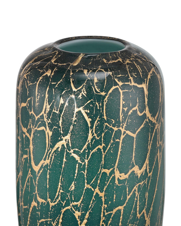Currey & Company Vitry Mouthblown Venetian Glass Vase with Hand Applied Gold Swirls Teal Art Decor 1200-0990
