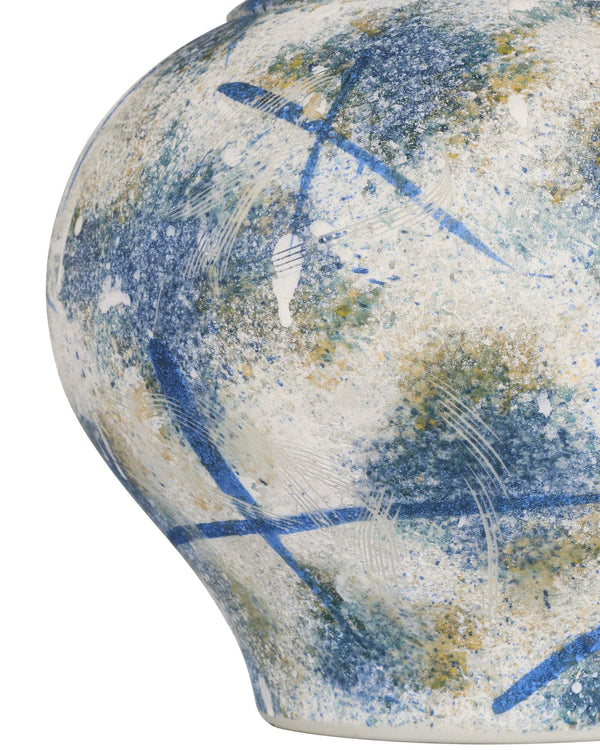 Currey & Company Jackson Handcrafted Porcelain Lidded Jar Antique Blue Sponged Glaze Artisan Accent Piece 1200-0998