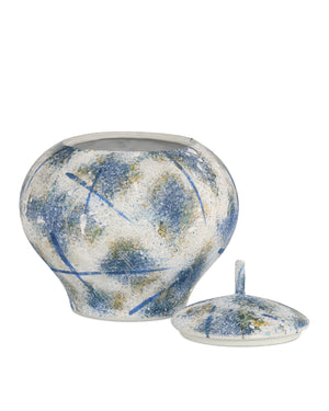 Currey & Company Jackson Handcrafted Porcelain Lidded Jar Antique Blue Sponged Glaze Artisan Accent Piece 1200-0998