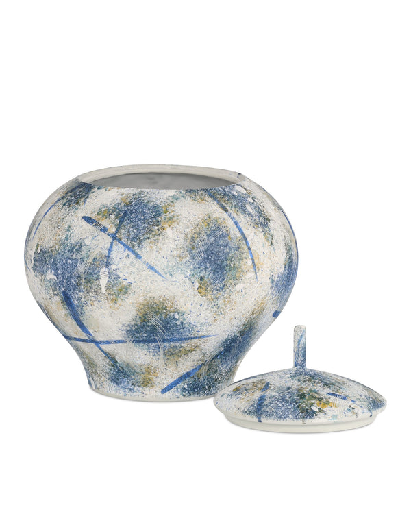 Currey & Company Jackson Handcrafted Porcelain Lidded Jar Antique Blue Sponged Glaze Artisan Accent Piece 1200-0998