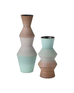 Currey & Company Happy Retro Hand Thrown Porcelain Vase Pair Earthy Striations Artisan Shelf Accent 1200-1008
