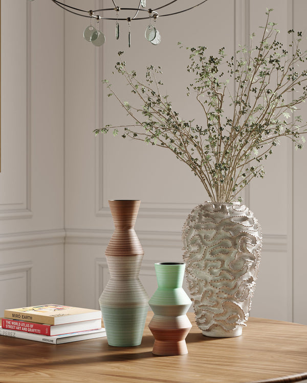 Currey & Company Happy Retro Hand Thrown Porcelain Vase Pair Earthy Striations Artisan Shelf Accent 1200-1008