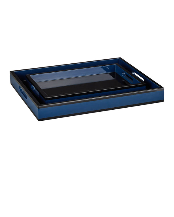Currey & Company Navy Lacquer Handcrafted Tray Set High Gloss Finish for Coffee Table Styling 1200-1018
