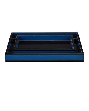 Currey & Company Navy Lacquer Handcrafted Tray Set High Gloss Finish for Coffee Table Styling 1200-1018