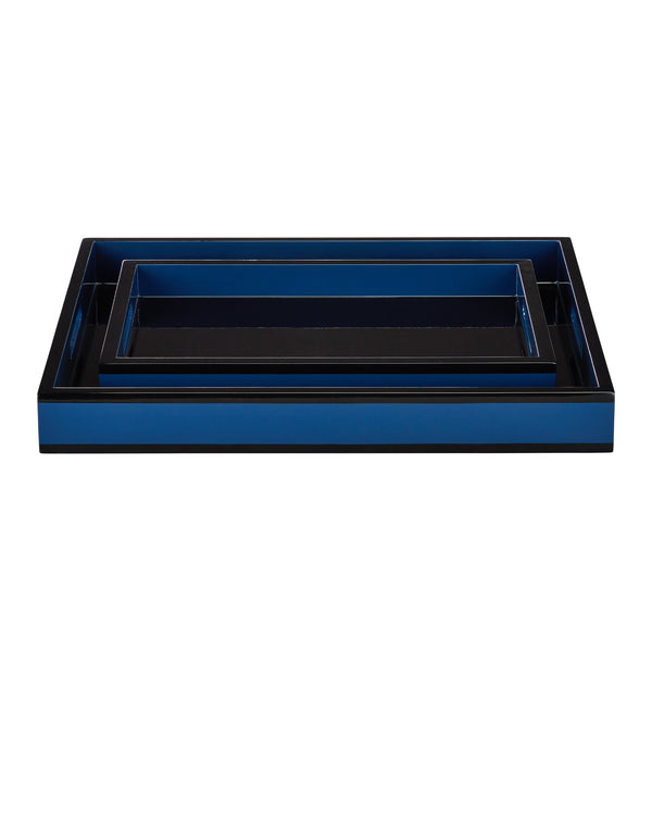 Currey & Company Navy Lacquer Handcrafted Tray Set High Gloss Finish for Coffee Table Styling 1200-1018
