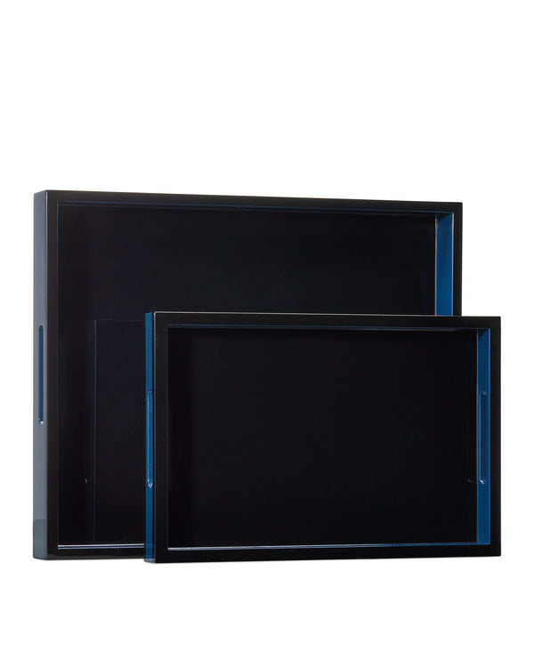 Currey & Company Navy Lacquer Handcrafted Tray Set High Gloss Finish for Coffee Table Styling 1200-1018