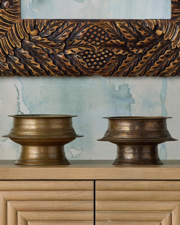Currey & Company Tanjore Solid Brass Antique Finish Ritual Bowl Handcast Southern Indian Accent Piece 1200-1054