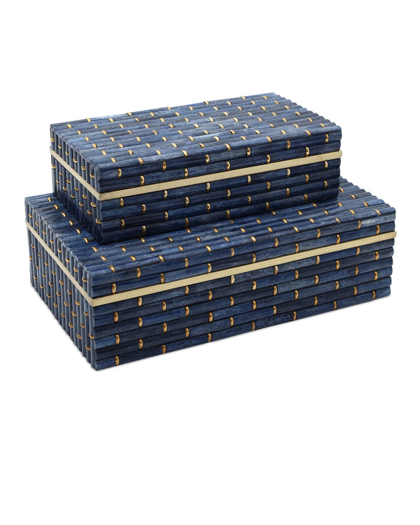 Currey & Company Midnight Acacia Wood Nesting Boxes with Indigo Bone Inlay Bamboo Pattern Set of 2 1200-1060