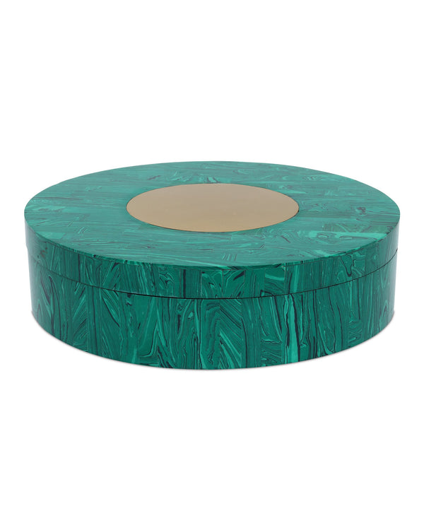 Currey & Company Transformation Malachite Style Round Decorative Box with Brass Accent and Glossy Interior 1200-1061