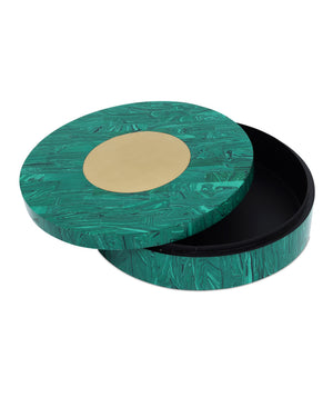 Currey & Company Transformation Malachite Style Round Decorative Box with Brass Accent and Glossy Interior 1200-1061