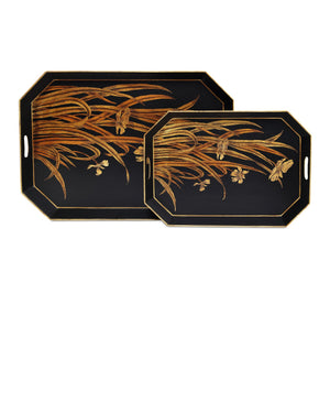 Currey & Company Glasshouse Hand-Painted Tole Iron Tray Set Graduated Floral Gold on Black Decor 1200-1063