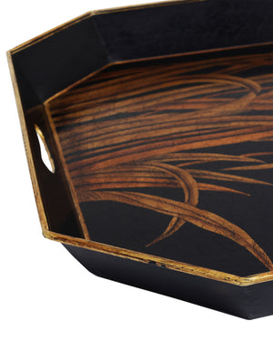 Currey & Company Glasshouse Hand-Painted Tole Iron Tray Set Graduated Floral Gold on Black Decor 1200-1063