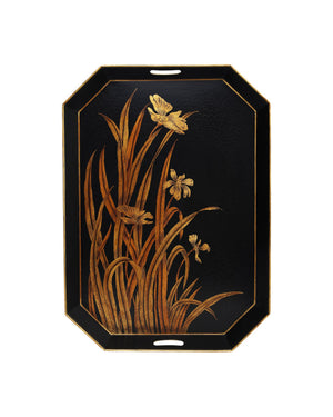 Currey & Company Glasshouse Hand-Painted Tole Iron Tray Set Graduated Floral Gold on Black Decor 1200-1063