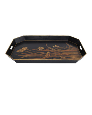 Currey & Company Glasshouse Hand-Painted Tole Iron Tray Set Graduated Floral Gold on Black Decor 1200-1063