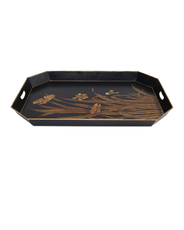 Currey & Company Glasshouse Hand-Painted Tole Iron Tray Set Graduated Floral Gold on Black Decor 1200-1063