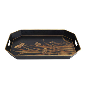 Currey & Company Glasshouse Hand-Painted Tole Iron Tray Set Graduated Floral Gold on Black Decor 1200-1063