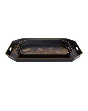 Currey & Company Glasshouse Hand-Painted Tole Iron Tray Set Graduated Floral Gold on Black Decor 1200-1063
