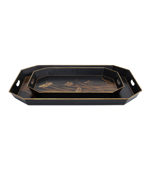Currey & Company Glasshouse Hand-Painted Tole Iron Tray Set Graduated Floral Gold on Black Decor 1200-1063