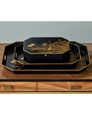 Currey & Company Glasshouse Hand-Painted Tole Iron Tray Set Graduated Floral Gold on Black Decor 1200-1063