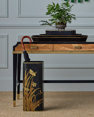 Currey & Company Glasshouse Tole Octagonal Iron Umbrella Stand with Hand Painted Gold Floral Motifs 1200-1064