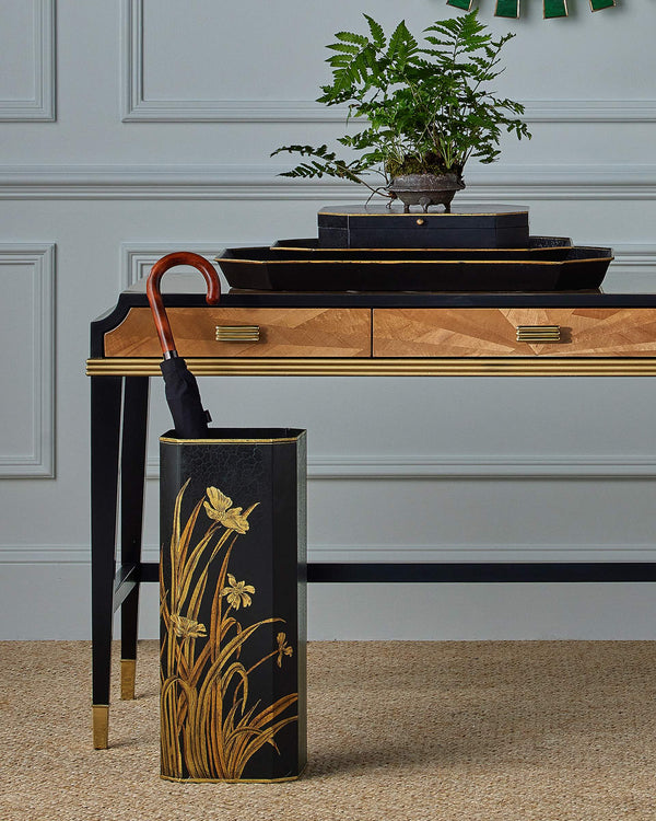 Currey & Company Glasshouse Tole Octagonal Iron Umbrella Stand with Hand Painted Gold Floral Motifs 1200-1064