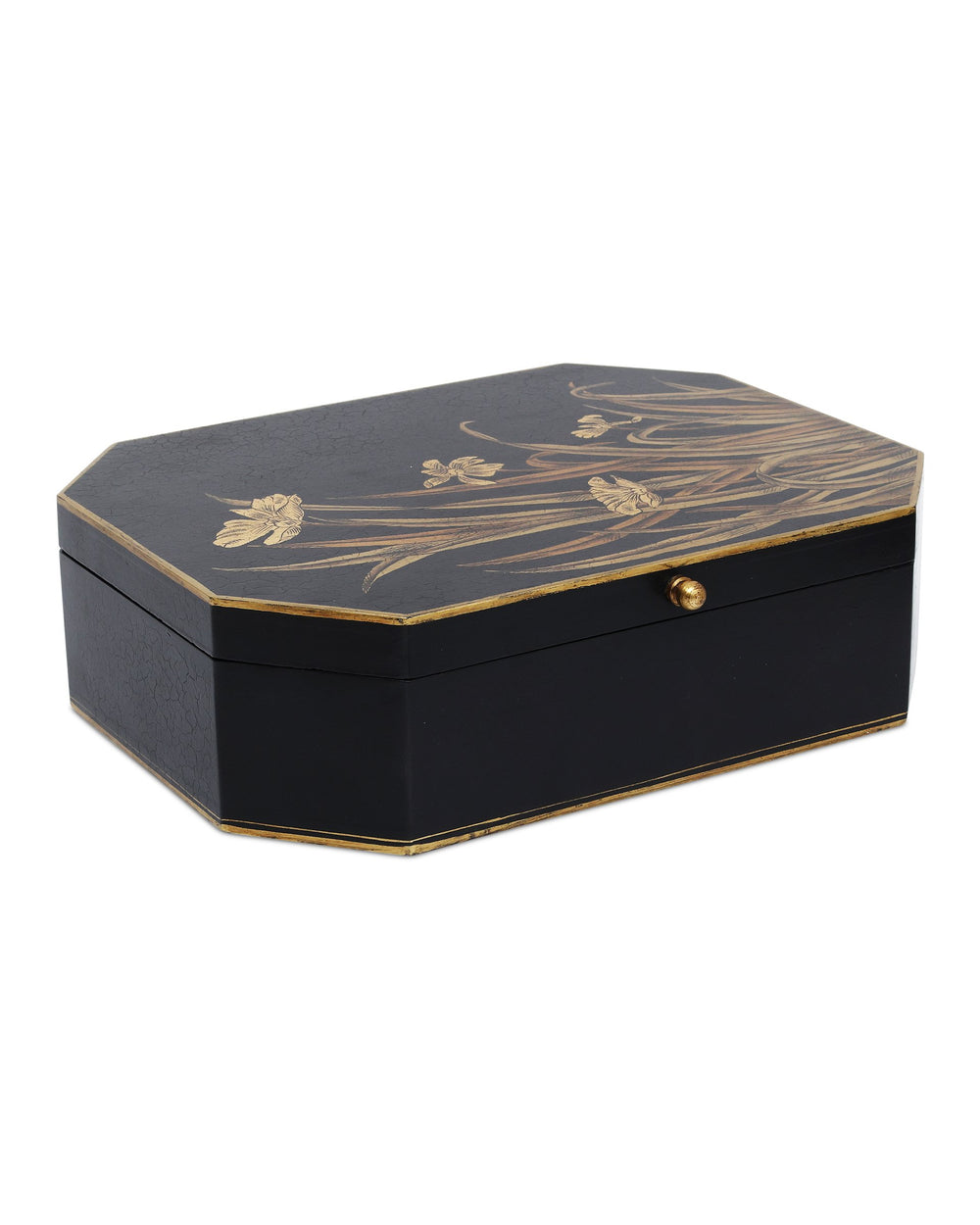 Currey & Company Glasshouse Hand-Painted Tole Iron Box Octagonal Gold Floral Decorative Storage 1200-1065