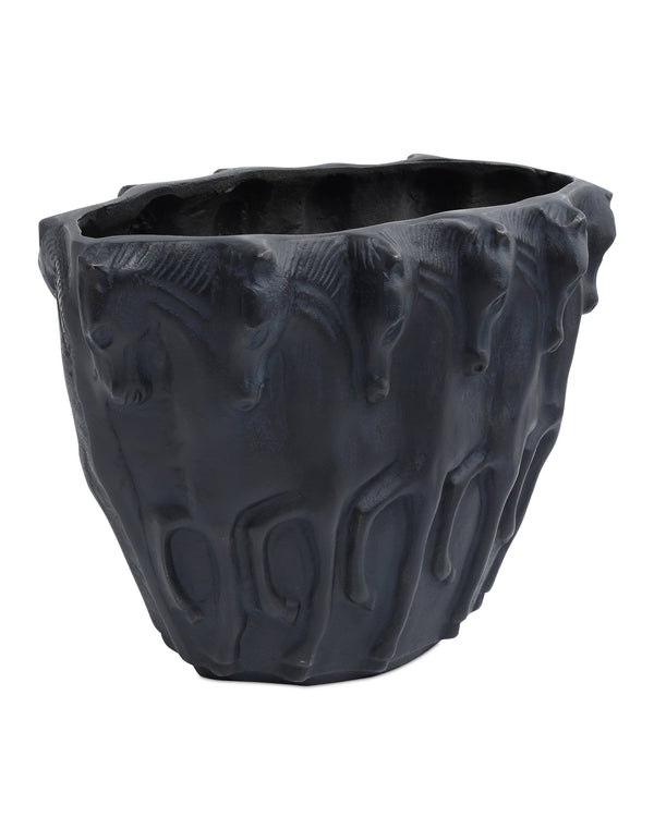 Currey & Company Dressage Oval Cast Aluminum Vase with Stallion Relief and Verdigris Bronze Patina Finish 1200-1066