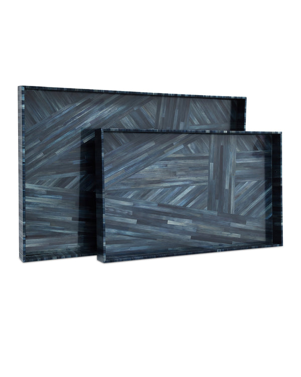 Currey & Company Winter Harvest Hand-Dyed Straw Decorative Tray Set Artisan Nesting Blue Accents 1200-1068