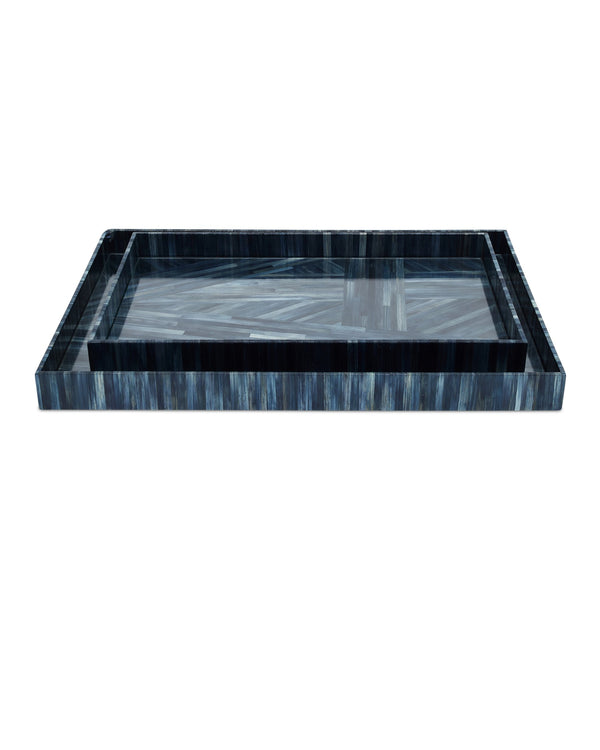 Currey & Company Winter Harvest Hand-Dyed Straw Decorative Tray Set Artisan Nesting Blue Accents 1200-1068