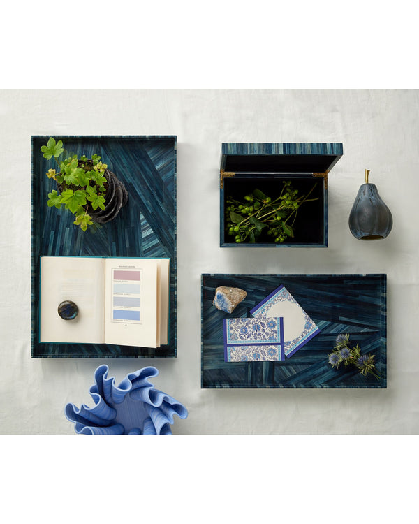 Currey & Company Winter Harvest Hand-Dyed Straw Decorative Tray Set Artisan Nesting Blue Accents 1200-1068
