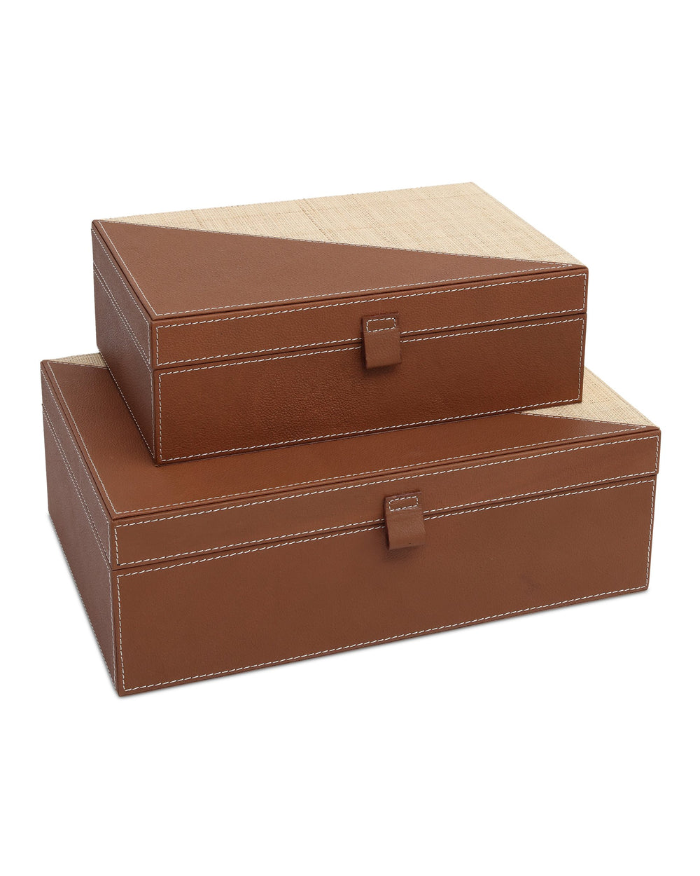 Currey & Company Leather and Raffia Nesting Storage Boxes Handwoven Organizers for Shelf or Dresser 1200-1069