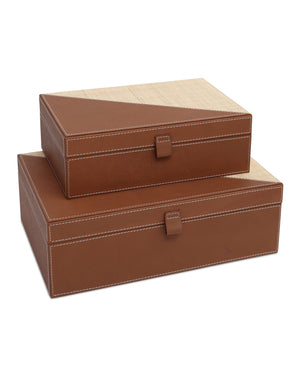 Currey & Company Leather and Raffia Nesting Storage Boxes Handwoven Organizers for Shelf or Dresser 1200-1069
