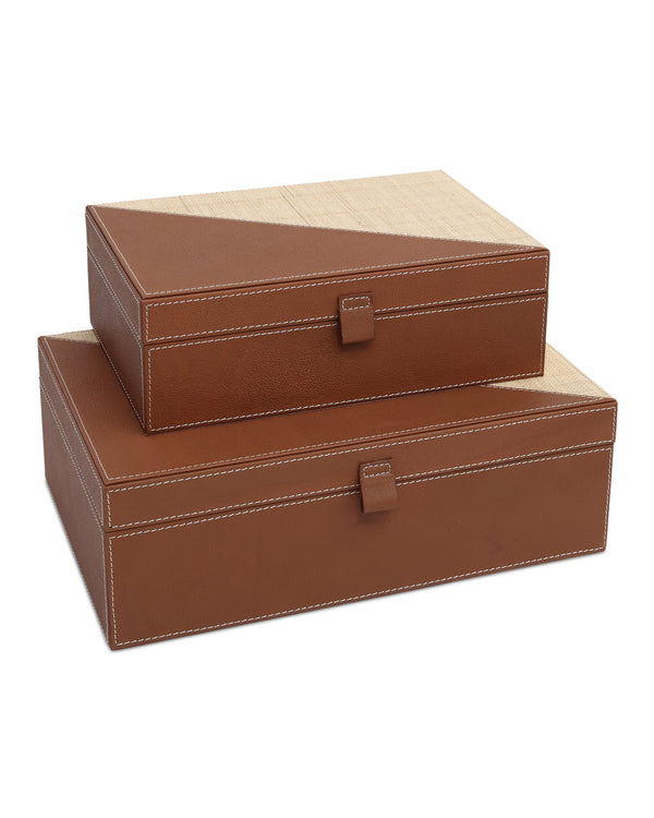 Currey & Company Leather and Raffia Nesting Storage Boxes Handwoven Organizers for Shelf or Dresser 1200-1069