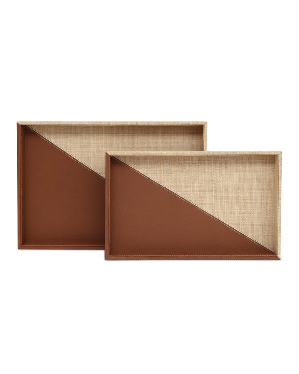 Currey & Company Leather and Raffia Woven Serving Display Tray Set Organic Warmth for Styled Interiors 1200-1070