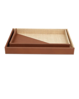 Currey & Company Leather and Raffia Woven Serving Display Tray Set Organic Warmth for Styled Interiors 1200-1070