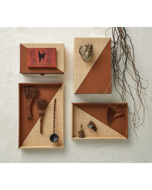 Currey & Company Leather and Raffia Woven Serving Display Tray Set Organic Warmth for Styled Interiors 1200-1070