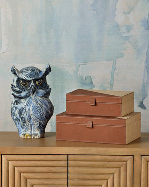 Currey & Company Mina Hand-Painted Blue White Porcelain Owl Sculpture for Bookshelf or Entryway 1200-1076