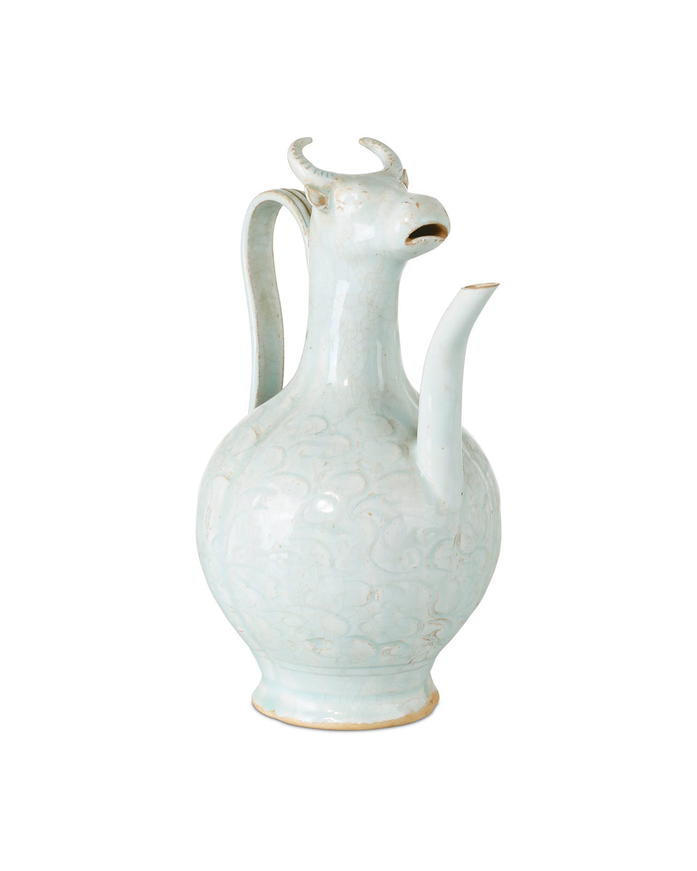 Currey & Company Ritual Hunting Celadon Porcelain Bottle with Crackle Glaze and Animal Head Motifs Large 1200-1094