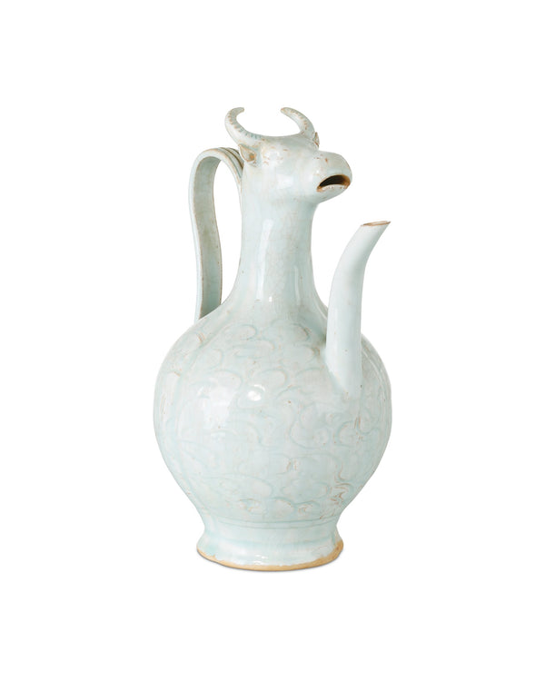 Currey & Company Ritual Hunting Celadon Porcelain Bottle with Crackle Glaze and Animal Head Motifs Large 1200-1094