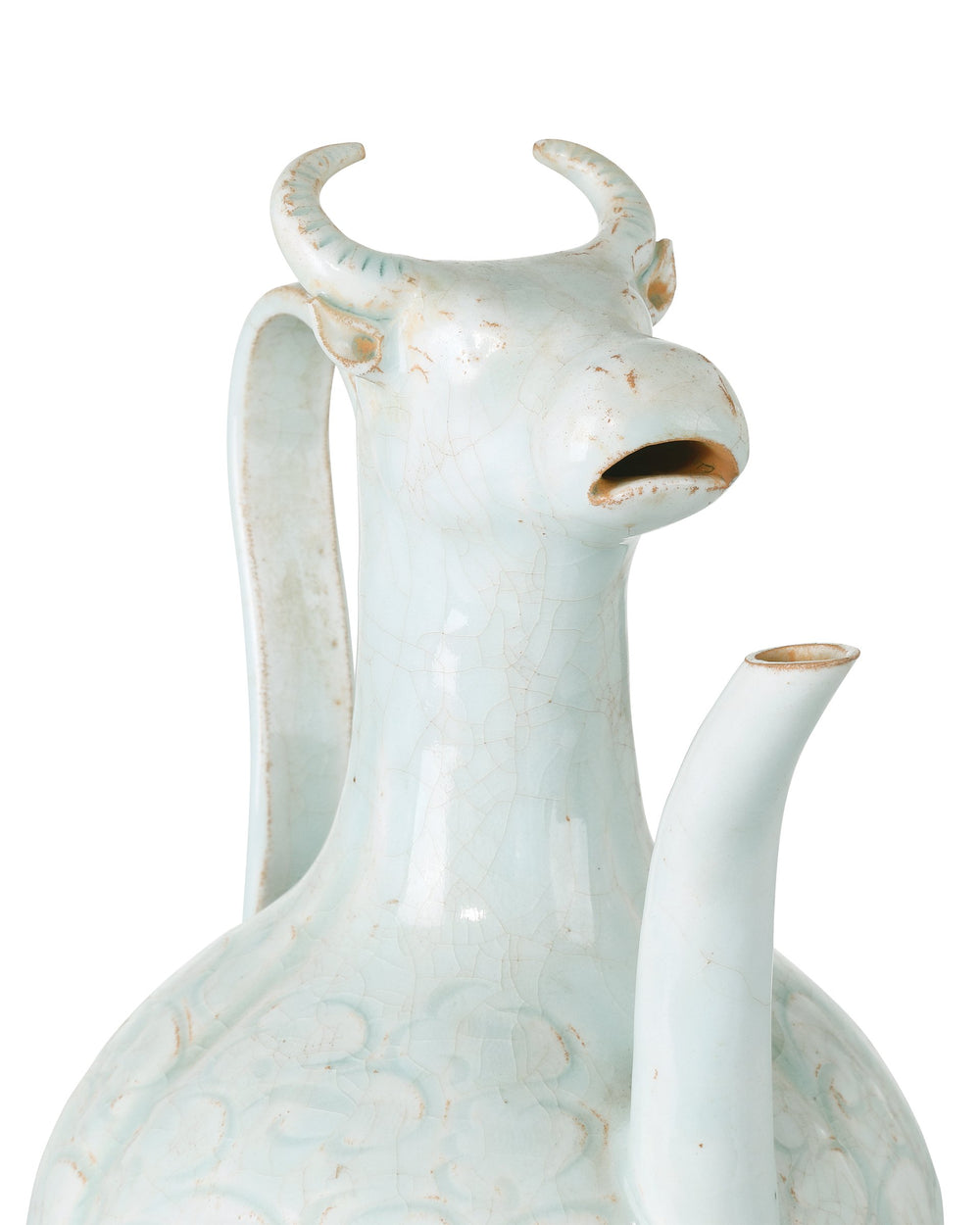 Currey & Company Ritual Hunting Celadon Porcelain Bottle with Crackle Glaze and Animal Head Motifs Large 1200-1094