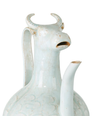 Currey & Company Ritual Hunting Celadon Porcelain Bottle with Crackle Glaze and Animal Head Motifs Large 1200-1094