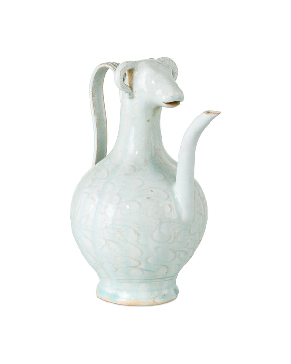 Currey & Company Ritual Hunting Celadon Porcelain Bottle with Crackle Glaze and Animal Head Motifs Small 1200-1095