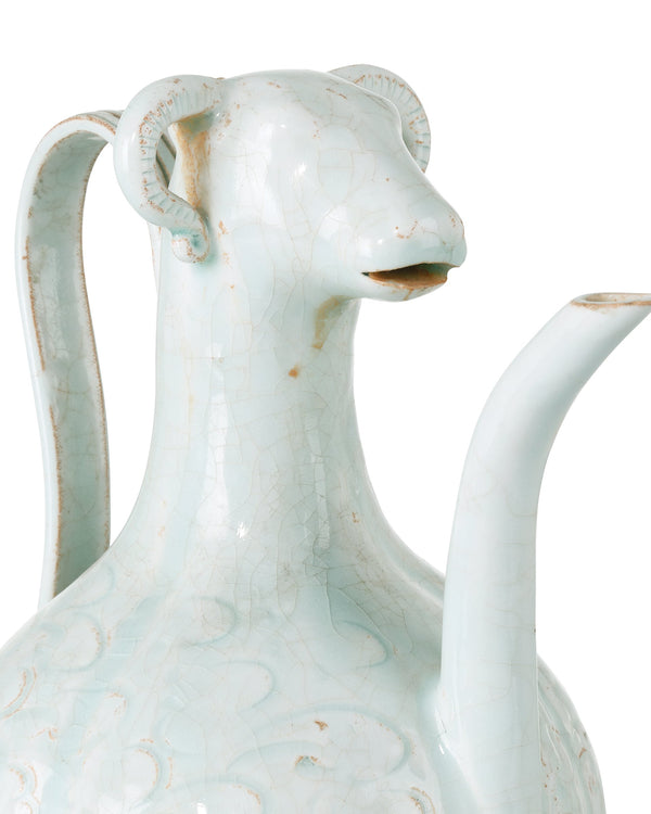 Currey & Company Ritual Hunting Celadon Porcelain Bottle with Crackle Glaze and Animal Head Motifs Small 1200-1095