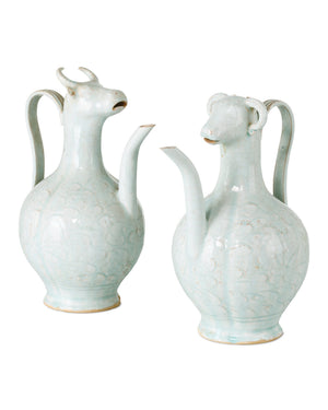 Currey & Company Ritual Hunting Celadon Porcelain Bottle with Crackle Glaze and Animal Head Motifs Small 1200-1095