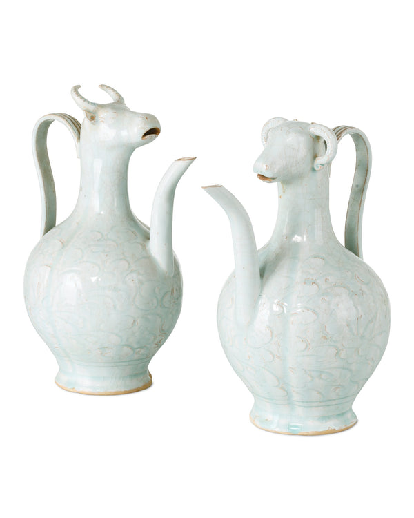 Currey & Company Ritual Hunting Celadon Porcelain Bottle with Crackle Glaze and Animal Head Motifs Small 1200-1095