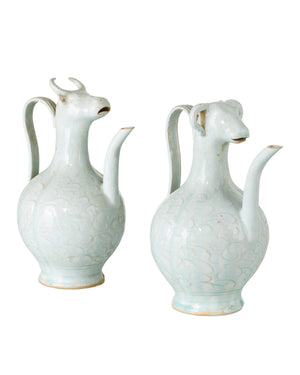 Currey & Company Ritual Hunting Celadon Porcelain Bottle with Crackle Glaze and Animal Head Motifs Small 1200-1095