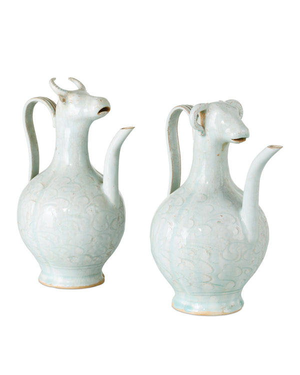 Currey & Company Ritual Hunting Celadon Porcelain Bottle with Crackle Glaze and Animal Head Motifs Small 1200-1095