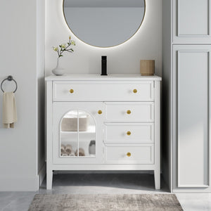 English Elm 35.6" Freestanding Bathroom Vanity with Roman Column Base and Ceramic Integrated Sink White W1801S00011