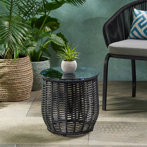 English Elm Christopher Knight Home® - ARIAS RATTAN SIDE TABLE with Tempered Glass Top, Boho Drum Design, Durable Woven Polyethylene Finish Black 65764.00BLK
